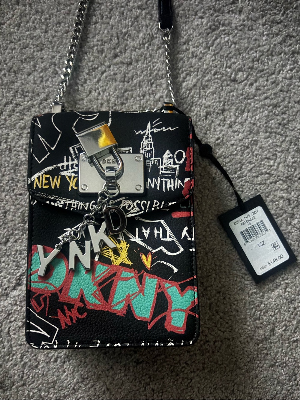 DKNY Black Graffiti Chain Crossbody Phone Pouch with Multicolor Accents